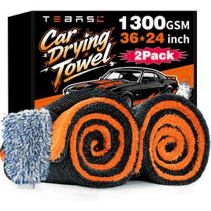 2-Pack Car Drying Towels 24x36 Inch 1300GSM, Twisted Loop Microfiber Cloth for Auto Detailing - Super Absorbent, Lint-Free & Streak-Free for SUV, Truck & Window Gray-Orange