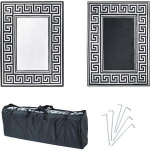 Reversible Rugs Mats, 9x12ft Outdoor Plastic Straw Rug Waterproof for RV, Patio, Garden, Balcony, Backyard, Deck, Picnic, Beach, Camping (New Grecian Complete Kit, Silver)