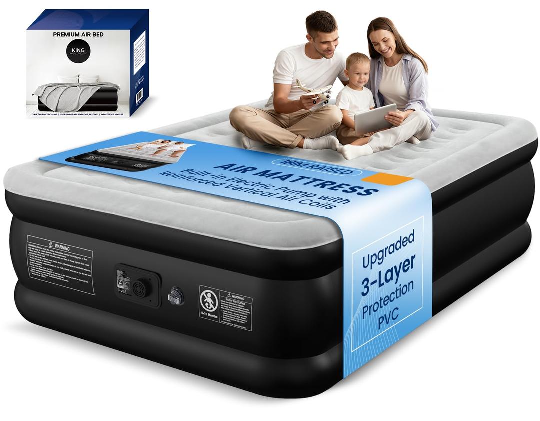 Queen Air Mattress with Built-in Pump, Heavy-Duty 800 lbs Support, 48-Hour Leak-Tested, Upgraded 3-Layer Protection PVC, 3 Min Fast Inflation, Portable Air Bed for Home, Guest & Camping