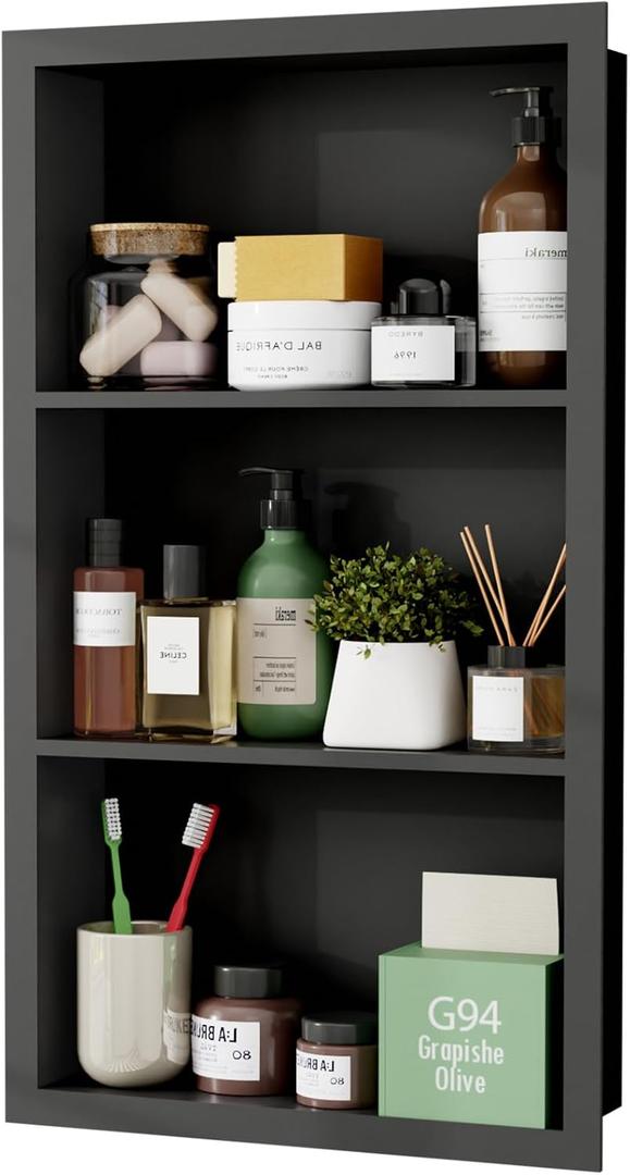 Stainless Steel Recessed Medicine Cabinet 14''*24'', Rust-Proof Metal Wall Niche, in Wall Shower Niche Shelf Insert Replacement, Recessed Medicine Cabinets for Drywall, Bathroom Storage, Black