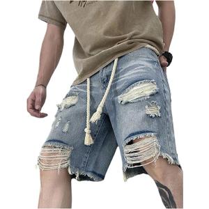 WDIRARA Men's Wide Leg Ripped Denim Bermuda Shorts Raw Hem Distressed Jean Shorts with Pockets (Blue, XXL)