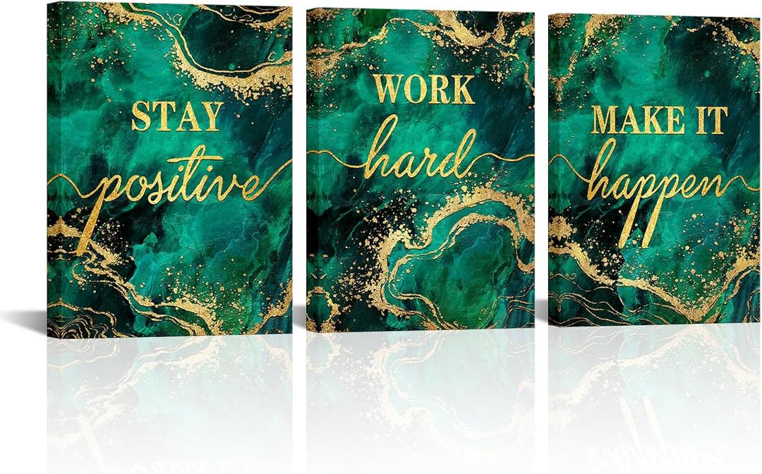 LevvArts Inspirational Wall Art Canvas Stay Positive Work Hard Make It Happen Sign Painting Modern Home Office Green and Gold Decor (Green)