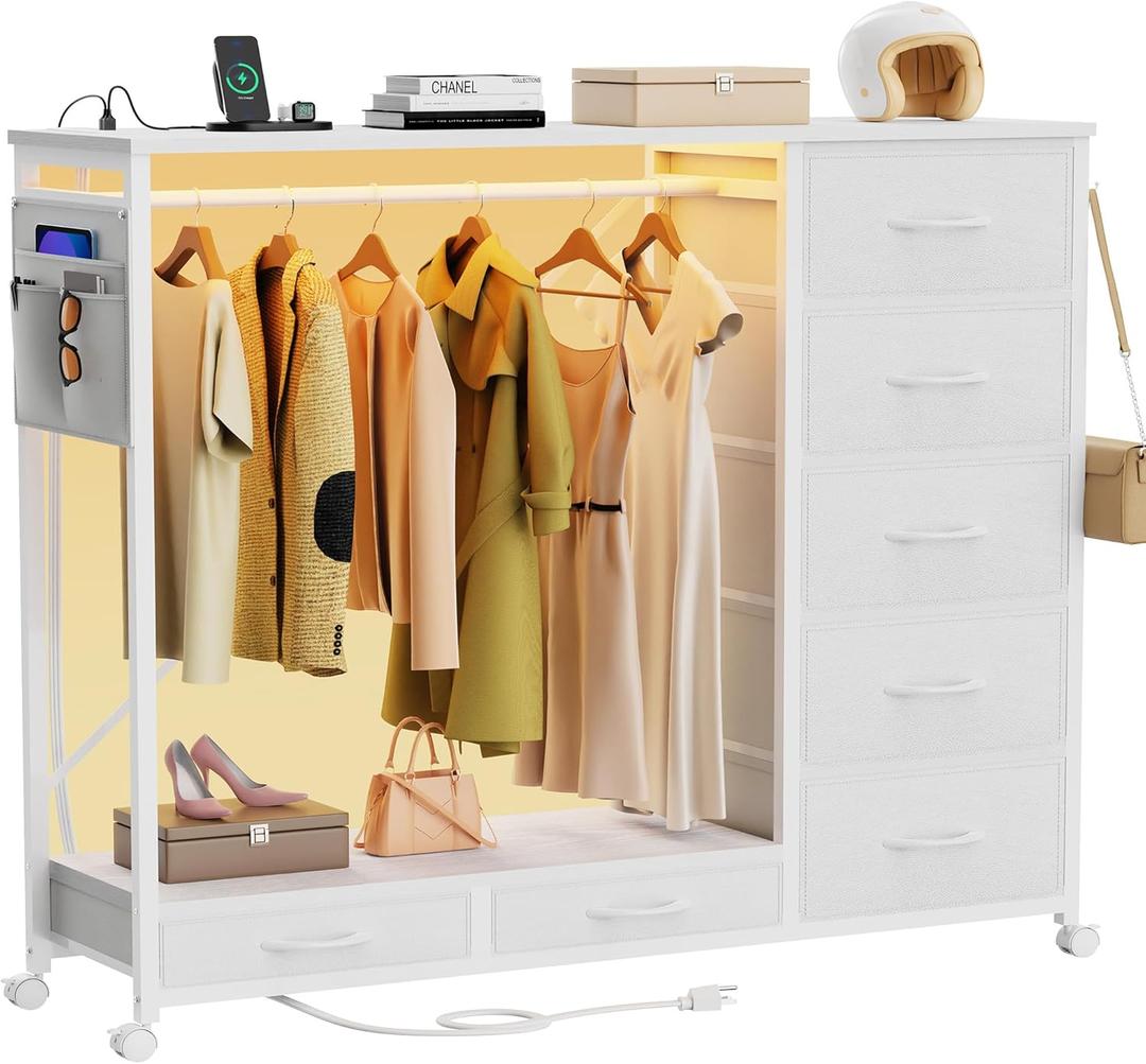 Dresser with Hanging Rack, Dresser for Bedroom with Led Lights and Charging Station, 7 Drawers Storage Chest with Hooks and Clothes Rack, Nursery White