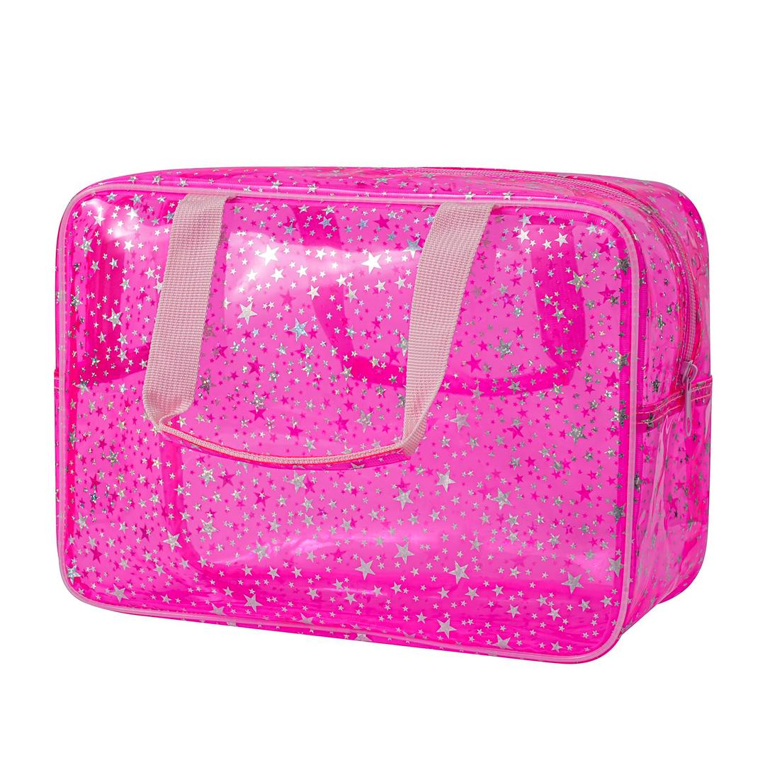 RSRSLEII Clear PVC Star Large Cosmetic Bag, Transparent Large Zippered Opening Makeup Bag, Portable Waterproof Travel Bag with Handle, Gym, Swimming and Beach Bag (02Black)