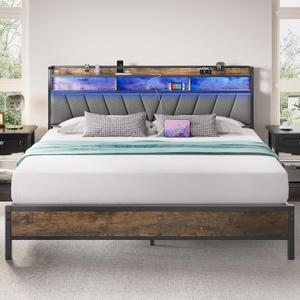 Welzona King Bed Frames with Headboard, LED Lights Bed Frames with Charging Station, Sturdy and Noise-Free, Storage Space Under Bed, No Box Spring Needed, Brown
