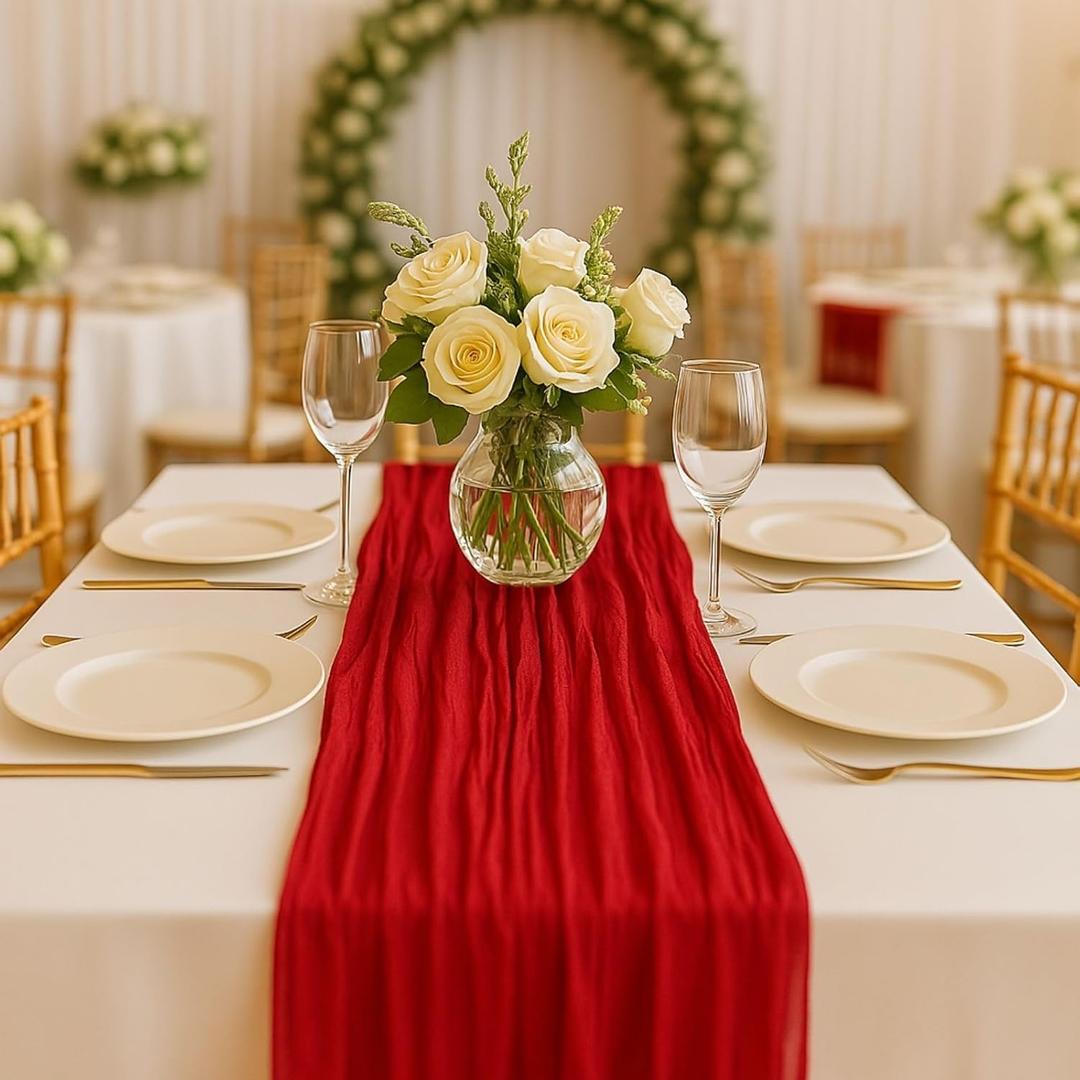 10FT Red Cheesecloth Table Runner 120 Inch Rustic Boho Gauze Cheese Cloth Table Runner for Wedding Baby Shower Bridal Shower Birthday Party Home Decorations (10ft x 1pcs)