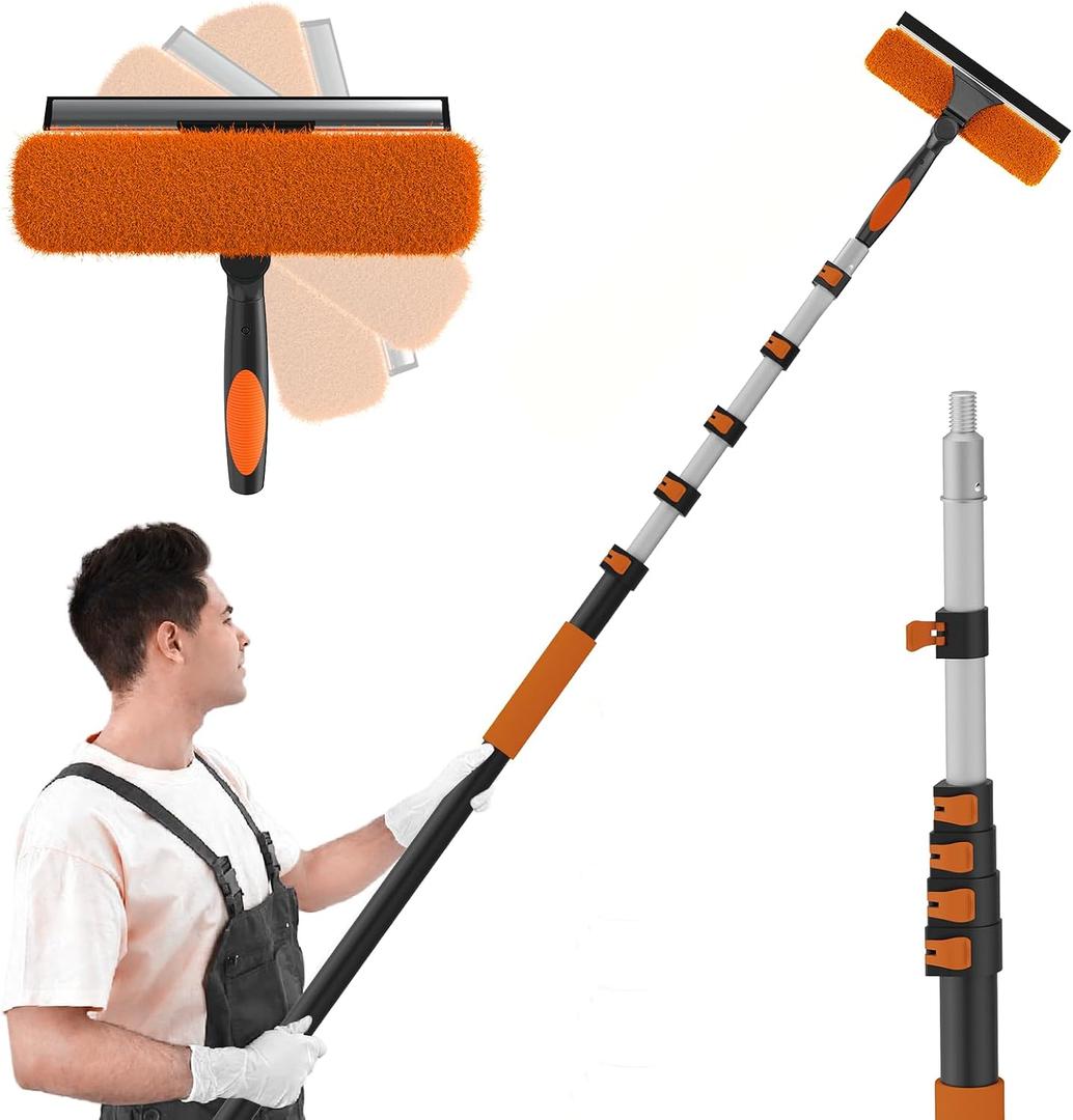 SISUPASSIE 30FT Reach 2-in-1 Window Squeegee, Professional Window Washing Kit with 5-24FT Extension Pole for Home, Indoor Outdoor Squeegee with Rotatable Head for High Windows