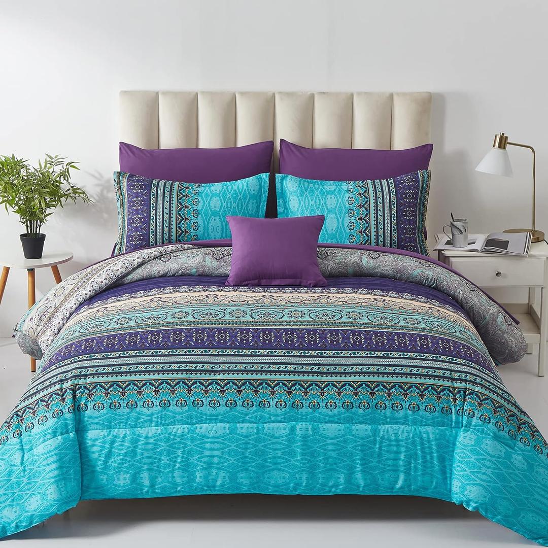 Boho Comforter Set California King Size 8 Piece Bed in a Bag Bohemian Striped Bedding Quilt Set Aqua Paisley Floral Comforter and Sheet Set, Soft Microfiber Complete Bedding Sets for All Season