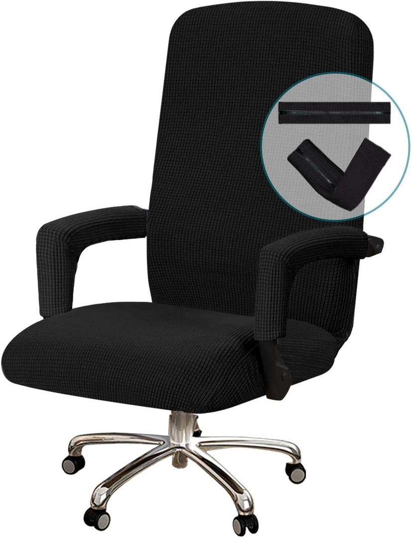 Turquoize Stretchable Chair Cover for Computer Chair, Large Office Chair Cover with Armrest Covers, Jacquard Boss Chair Cover, High Back, Washable, Large, Black