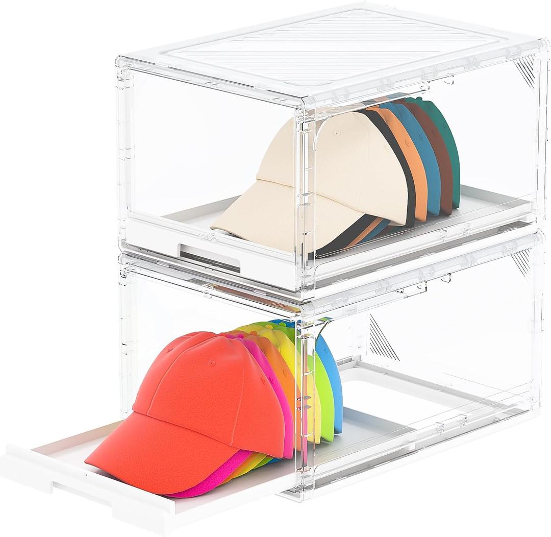 Henyol 2 Pack Hat Organizer Box, Clear Cap Holder Box with Sliding Tray, Stackable Hat Display Case, Large Storage Box for Baseball Caps