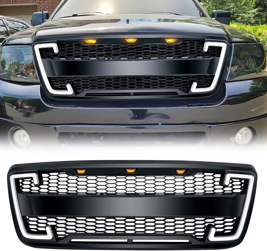 EOMD Front Bumper Grill Compatible with 2004 2005 2006 2007 2008 F150 W/DRL & Turn Signal Lights Matte Black