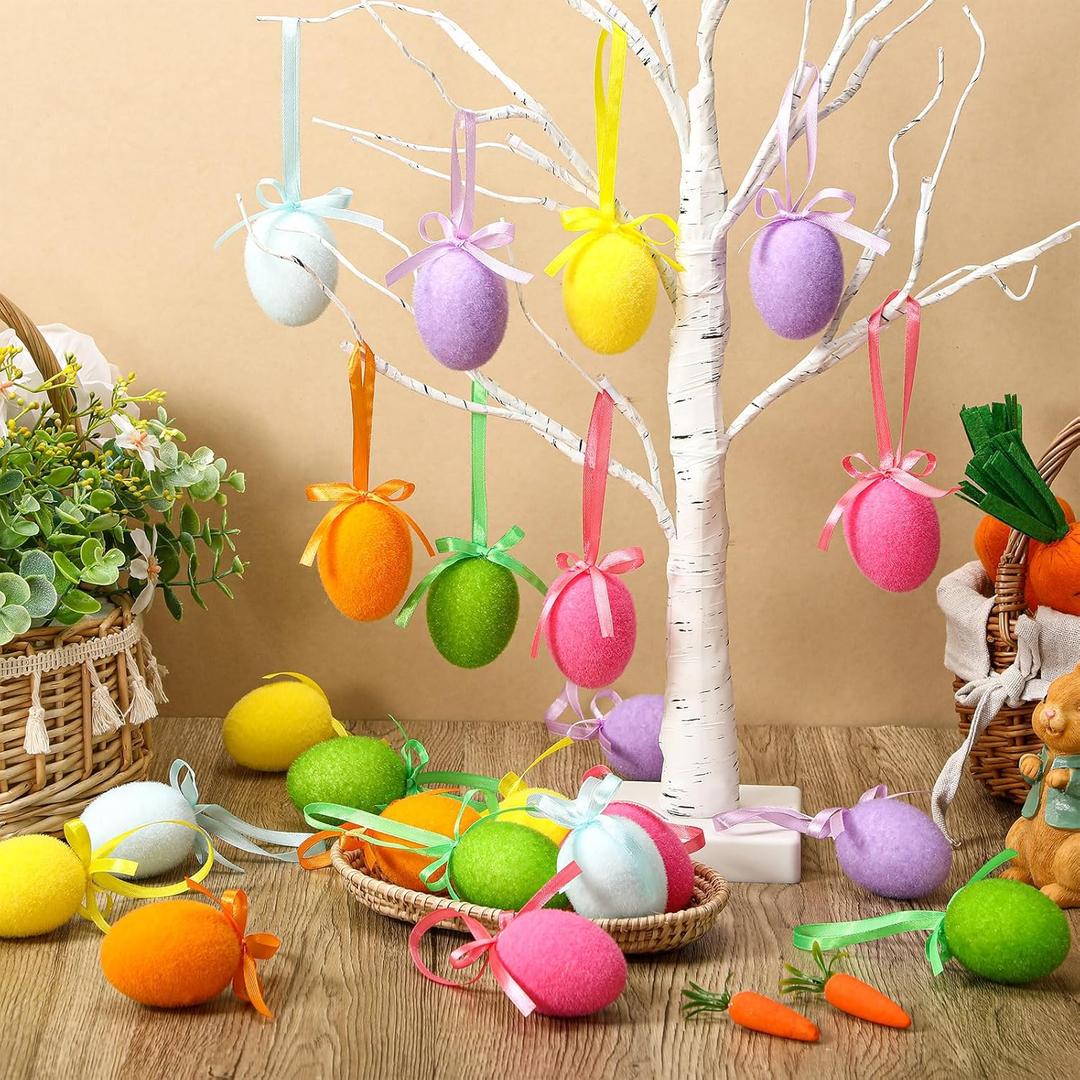 Wesiti 24 Pcs Easter Egg Ornaments for Tree Flocked Mini Easter Ornaments 1.5 Inch Decorative Hanging Decor DIY Crafts for Basket Home Office Party Favors