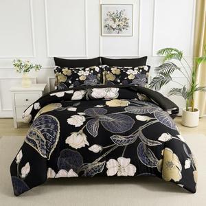 Yogeneg 7 Piece Bed in a Bag King Size Comforter Set Black Bedding Set,Pink Gold Floral Leaves Printed on Reversible Design,Soft Microfiber Comforter with Sheet Set,All Season(Black Pink,King)