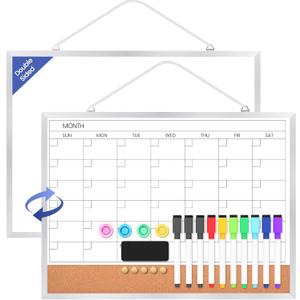 Monthly Calendar Dry Erase Board for Wall, 16"x12" Double-Sided Magnetic Calendar White Board with Cork, Silver Aluminum Alloy Frame Hanging Small Whiteboard for Office, Home, School