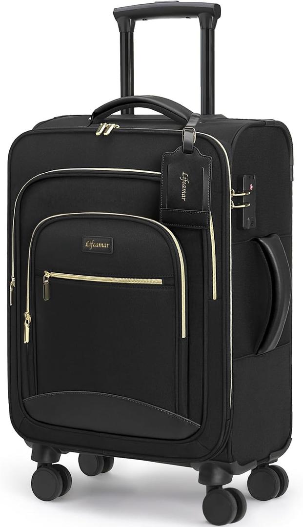 Suitcase 22x14x9 Airline Approved,20 inch Lightweight Waterproof Suitcases with 360° silent swivel wheels, TSA Lock and Compartment, Large Capacity travel Suitcase Black