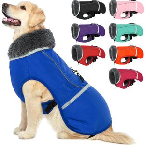 QBLEEV Warm Dog Coat - Reflective Jacket, Waterproof Coat With Turtleneck for Cold Weather, Thick Fleece Dogsnowsuit Christmas Vest - Large (Blue)