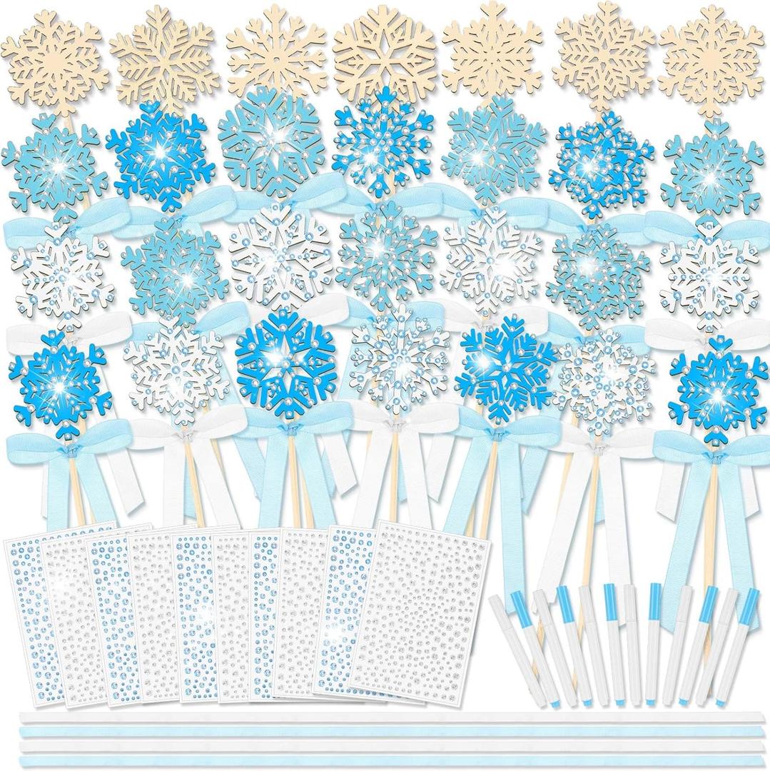 Juexica 78 Pcs Princess Snowflake Fairy Wand Kit Includes 48 Make Your Own Craft 6 Styles Unfinished Wooden Snow Wand and 12 Gem Stickers 4 Rolls Ribbon 12 Pcs Pen for Girls DIY Magical Craft