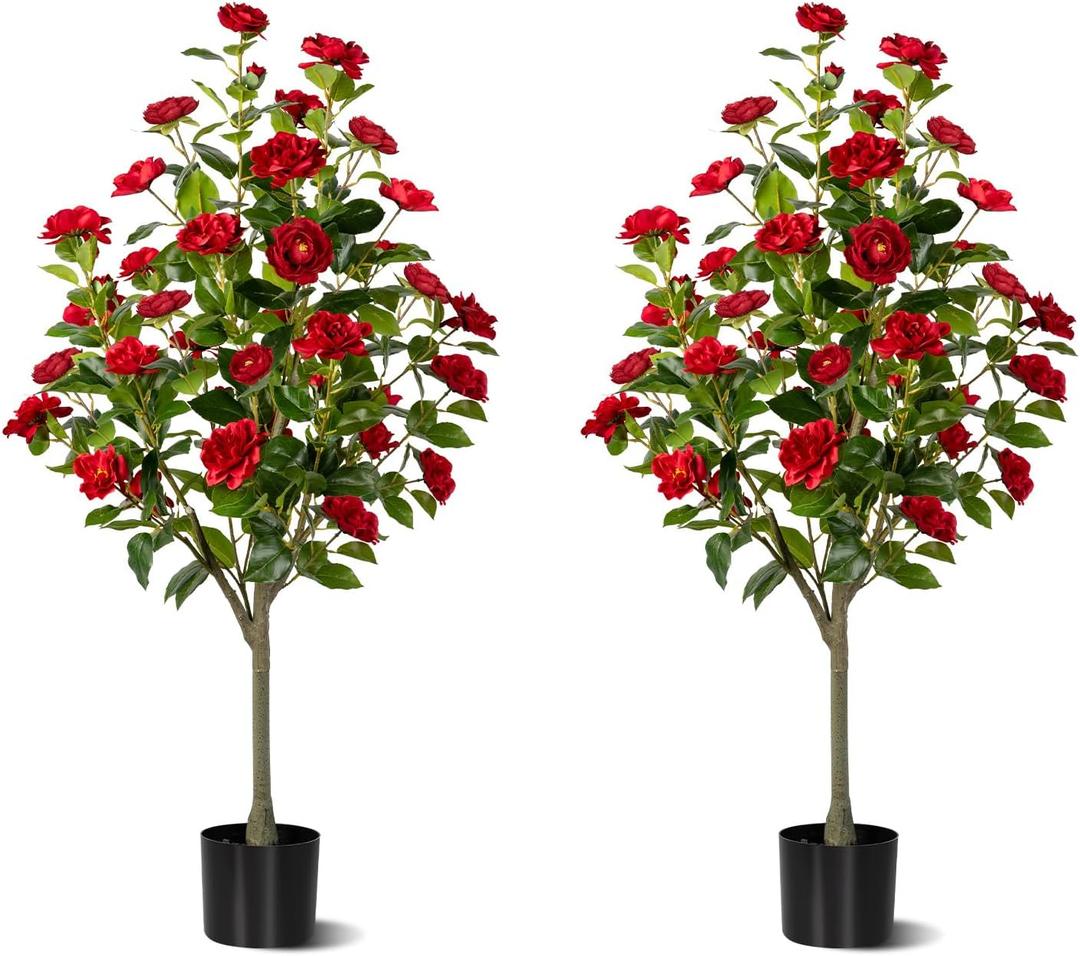 4FT Artificial Camellia Tree 2 Pack, Faux Floral Plant in Cement Pot Fake Silk Camellia Plants for Home House Living Room Office Decor