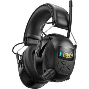 2025 Bluetooth 5.4 AM/FM Radio Ear Protection Headphones with Backlit Digital Display/Mic, 120H Working Time, Rechargeable, 30dB Noise Reduction Safety Earmuffs for Lawn Mowing, Workshop - Black