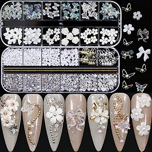 NAFIGO 3D Acrylic Butterfly Flowers Bear Nail Charms Art 3D, AB Crystal Rhinestones Multi Shapes Pearl Gold Metal Art, Decal Jewelry Accessories DIY Crafting, 2 Piece Set