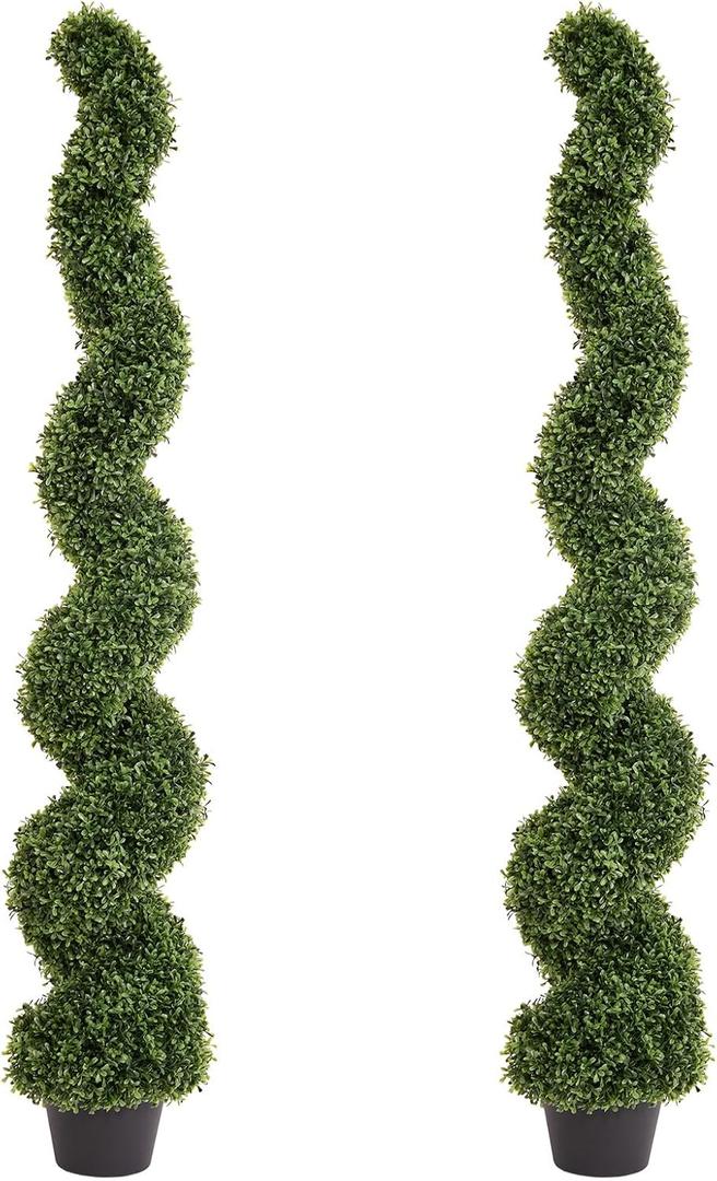 THE BLOOM TIMES 5ft Spiral Topiary Trees Artificial Outdoor Set of 2, Faux Boxwood Plants Outside - All-Year Green Fake Twisted Tree for Garden Front Porch Planter Decor 5 Foot