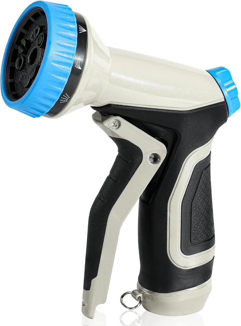 Metal Garden Hose Nozzle, 9 Spray Patterns, Water Hose Nozzle with Labor-saving Buckle & Water Flow Control Knob, for Watering Plants, Washing Cars & Pets