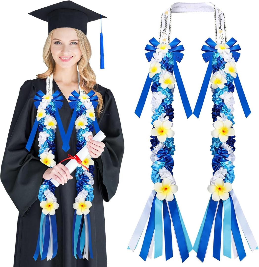 Suncalla Plumeria Graduation Lei 2026 Blue White Hawaiian Ribbon Graduation Braided Lei with Flowers for Adults Class of 2026 School College Student Congrats Grad Gifts Party Accessories