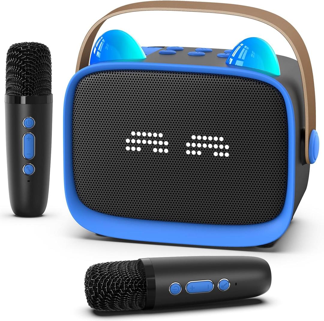 Mini Karaoke Machine Toys Gifts,Kids Portable MP3 Player with 2 Wireless Microphone and LED,Christmas Birthday Gifts for Girls Boys 3 4 5 6 7 8+ Year Old (Blue)