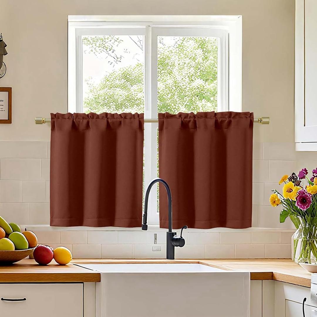Simplebrand Terracotta Small Cafe Curtains Tier 24 Inch Length 2 Panels Set, Modern Solid Blackout Small Window Cafe Curtains for Bathroom, Basement, Cabinet, Camper, Terracotta, Each 30"Wx24"L Inches