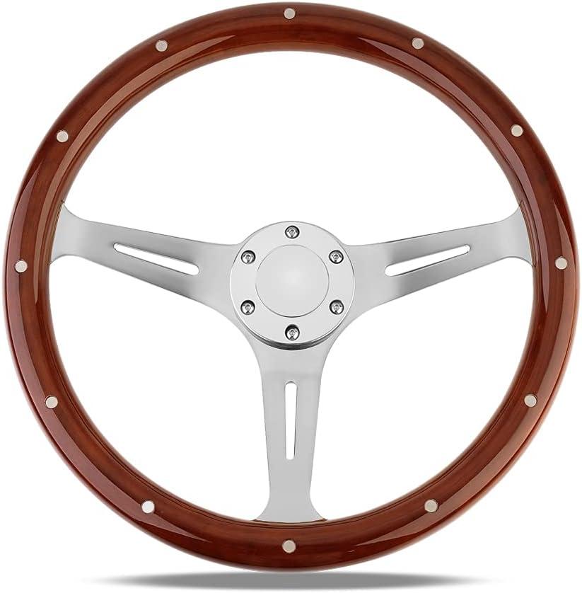 15" Classic Wood Grain Steering Wheel Riveted Light Wood Grip Universal Car Racing Wood Steering Wheels Slotted 3 Spoke with Horn button (wooden-03)
