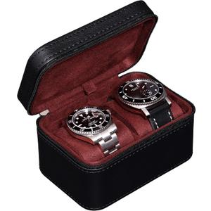 ROTHWELL 2 Watch Travel Case for Men | Compact PU Leather Protective Box with Microsuede Interior | Fits Watches & Smartwatches Up to 55mm (Black/Red)