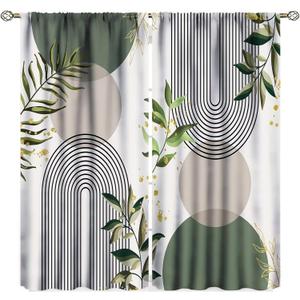 Boho Leaf Curtains, Mid Century Abstract Green Leaves Tropical Plants Modern Minimalist Window Treatments for Bedroom Living Room Kitchen Cafe Bohemian Drapes, 42x45 Inch Decor
