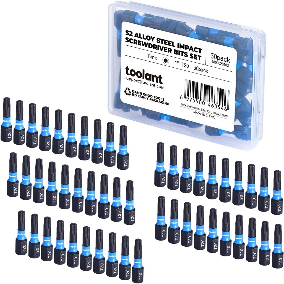 Toolant 1" Impact Torx Bits 50-Pack (T20), 1/4" Hex-Shank S2 Steel Screwdriving Star Bits, CNC Machined Tips, with Storage Box