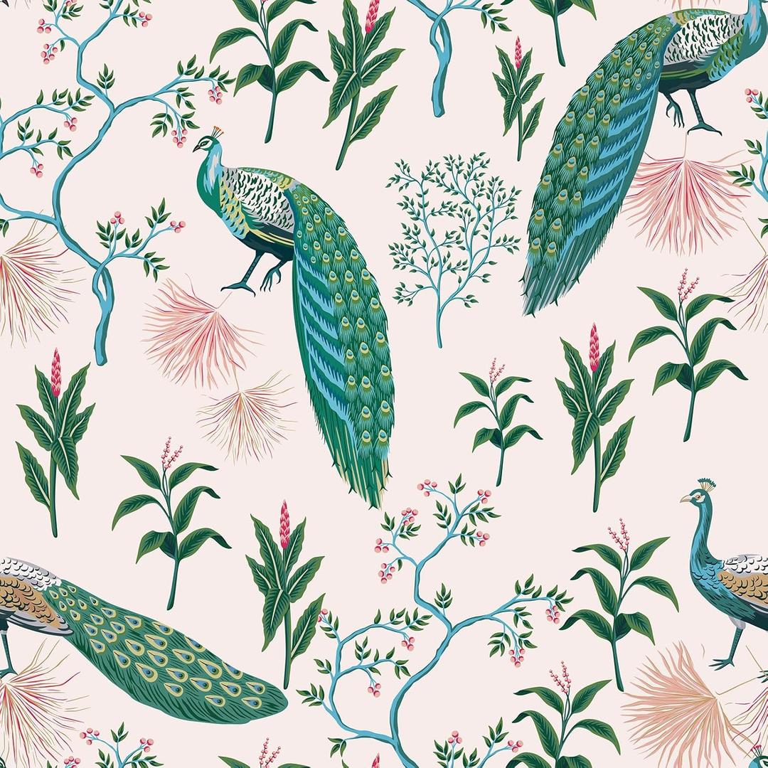CRE8TIVE Chinoiserie Wallpaper Peacock Peel and Stick Wallpaper Vintage Feather Tree Leaf Removable Wall Paper 12"x118" Self Adhesive Cream White Contact Paper for Bedroom Cabinets Drawer Liners Walls