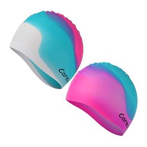 Swim Cap, 2 Pack Durable Silicone Swimming Caps for Kids Girls Boys Youths (Age 2-12), Soft 3D Ergonomic Waterproof Kids Swim Caps, Comfortable Fit for Long Hair and Short Hair