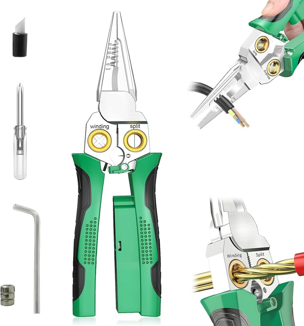 8-in-1 Wire Cutter/Wire Stripper with Voltage Tester and 12-250V AC/DC Dual Alarm For cutting/crimping/stripping/twisting/pulling wires on hot/neutral lines Electrician, HVAC, Automotive Repair Tool