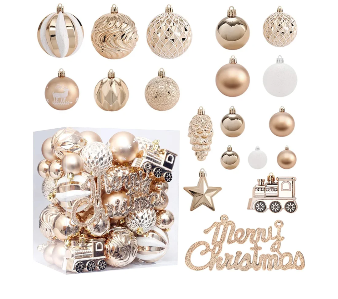 65Pcs Christmas Balls Ornaments Set - Champagne Shatterproof Xmas Tree Ball Decorations with Hanging Loop for Wreath Holiday Home Decor, 4 Sizes