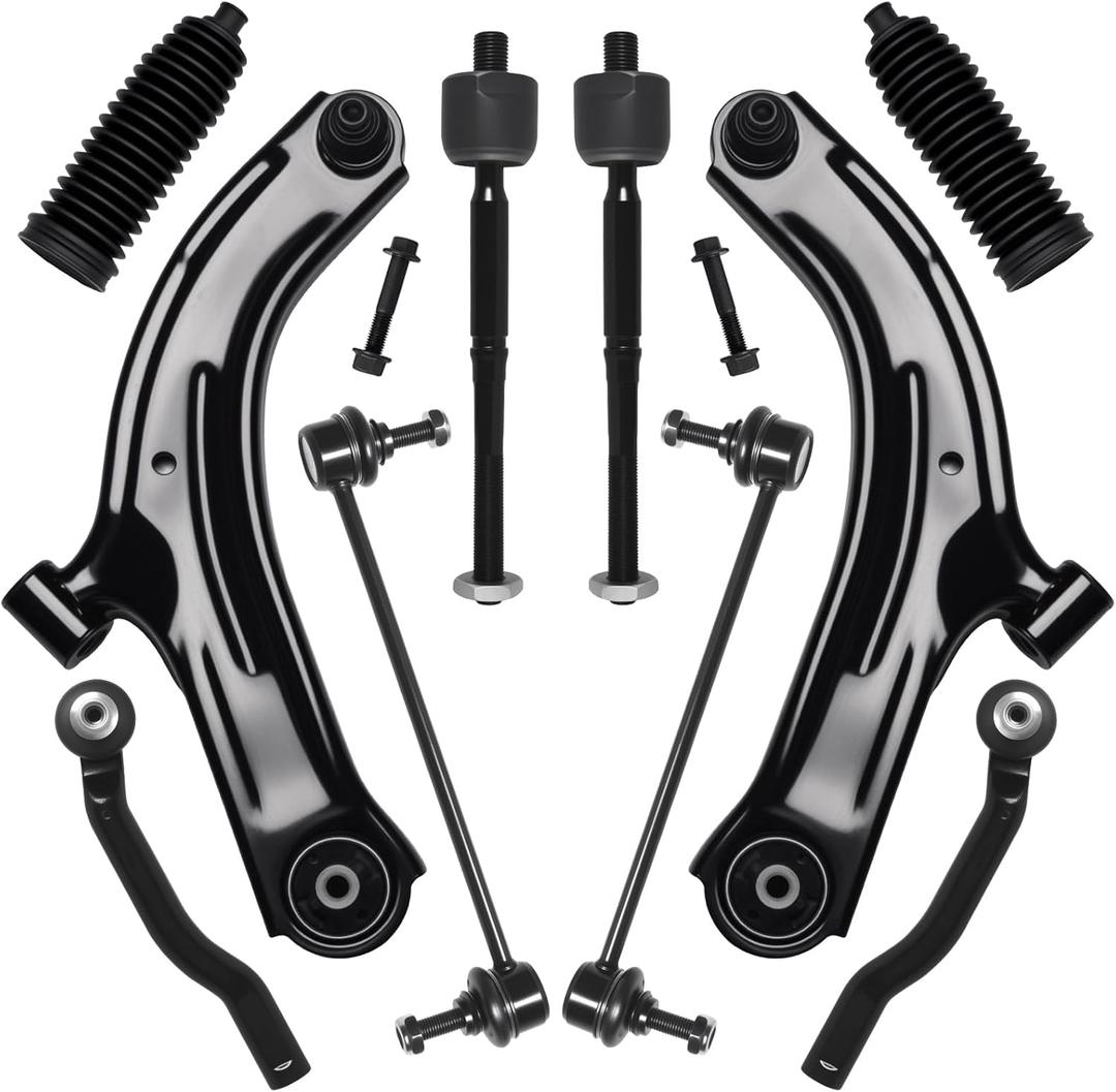 AUQDD 10Pcs Front End Suspension Kit Fit For 2007-2011 Ni-ssan Versa, 2009-2014 Cube, 2 Lower Control Arm w/Ball Joint 2 Sway Bar Link 4 Outer & Inner Tie Rod End (# K620566 K750098 EV800322 ES800248)