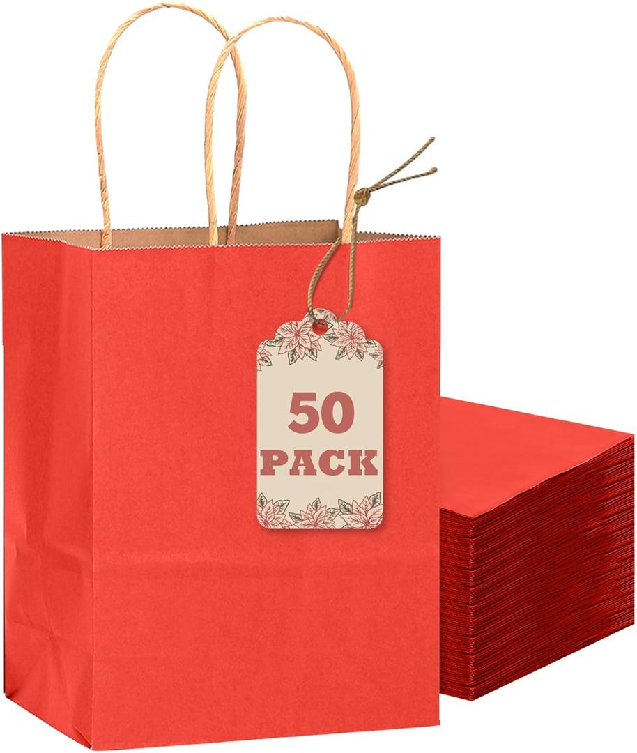 qiqee 50-Packs Gift Bag with Handles Bulk Kraft Red Paper Bags Multiple Uses (8.3"x3"x6"inch Small Size)
