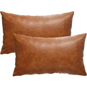 12X20 Inch Brown Faux Leather Throw Pillow Covers Set of 2 Modern Farmhouse Solid Outdoor Lumbar Boho Cognac Pillow Covers for Room Couch Living Bedroom Bed Sofa Decorative