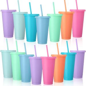 Honeydak 15 Pack Tumbler with Straw and Lid Bulk Water Bottle Iced Coffee Travel Mug Cup Reusable Plastic Cups for Party Birthdays 24-27 oz (Macaron Color) (as pictures shown)