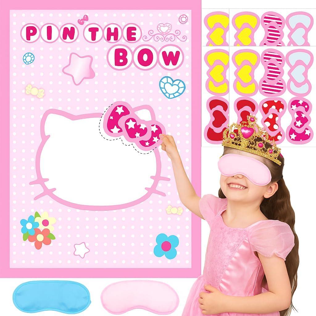 Cute Pink Birthday Party Decoration Game, Pin The Bow on The cat with 24 Stickers, Pink Poster for Girls Party Favors (cat)