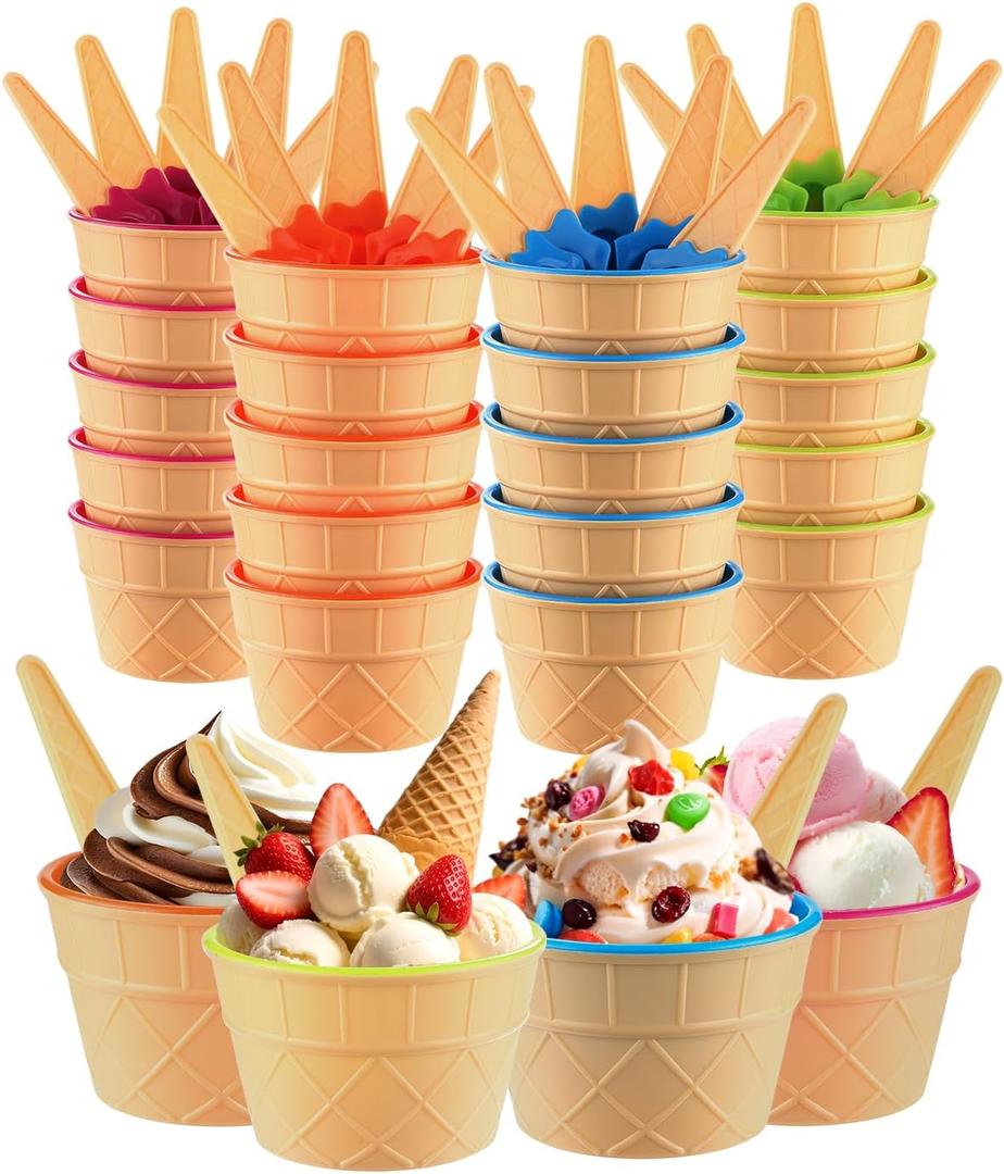 Tellshun 24 Pack Ice Cream Bowls and Spoons Set, Frozen Yogurt Cups with Spoons Durable Plastic Candy Color Cute Dessert Bowls DIY Ice Cream Tools For Festive Party Favor Gift (24)
