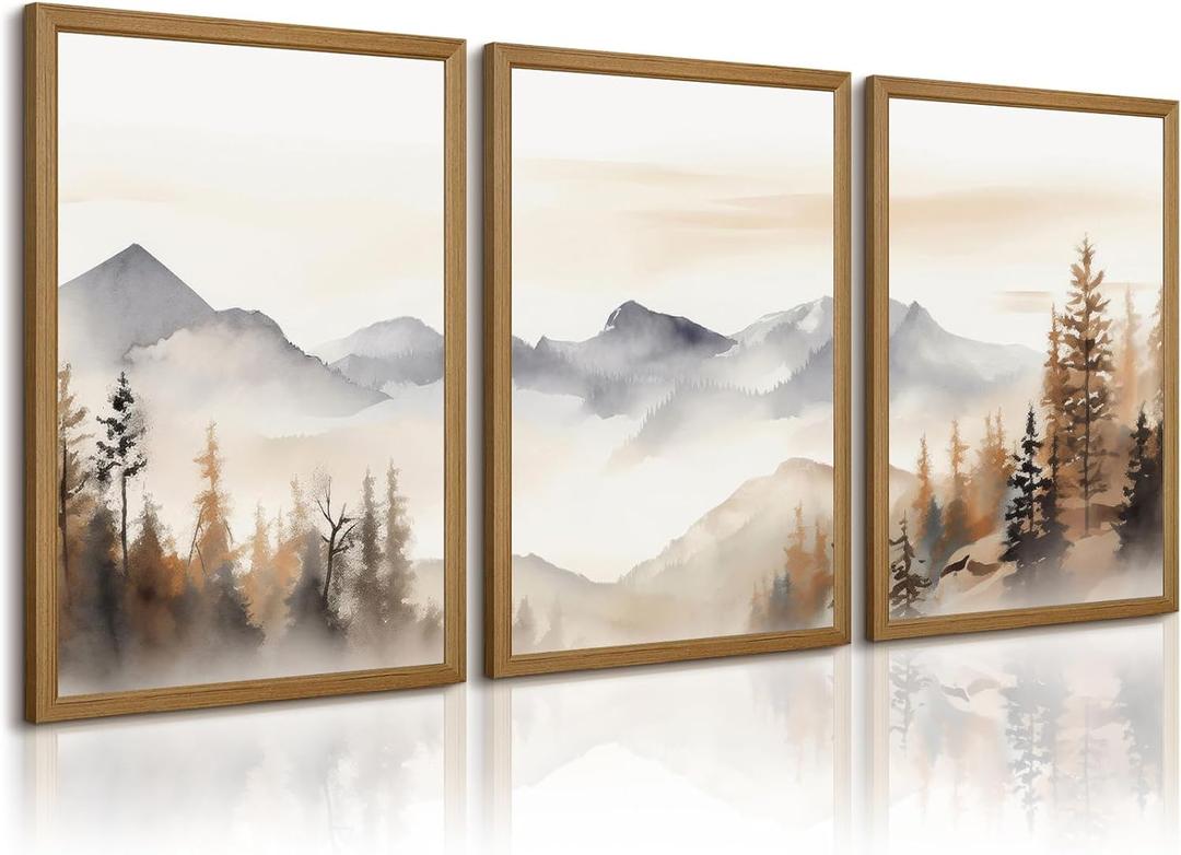 Neutral Mountain Wall Art Decor Set of 3 Forest Canvas Wall Art Poster Landscape Wall Art Artwork Modern Pictures Abstract Painting Watercolor Prints for Living Room Bedroom 12x16 Inch Framed