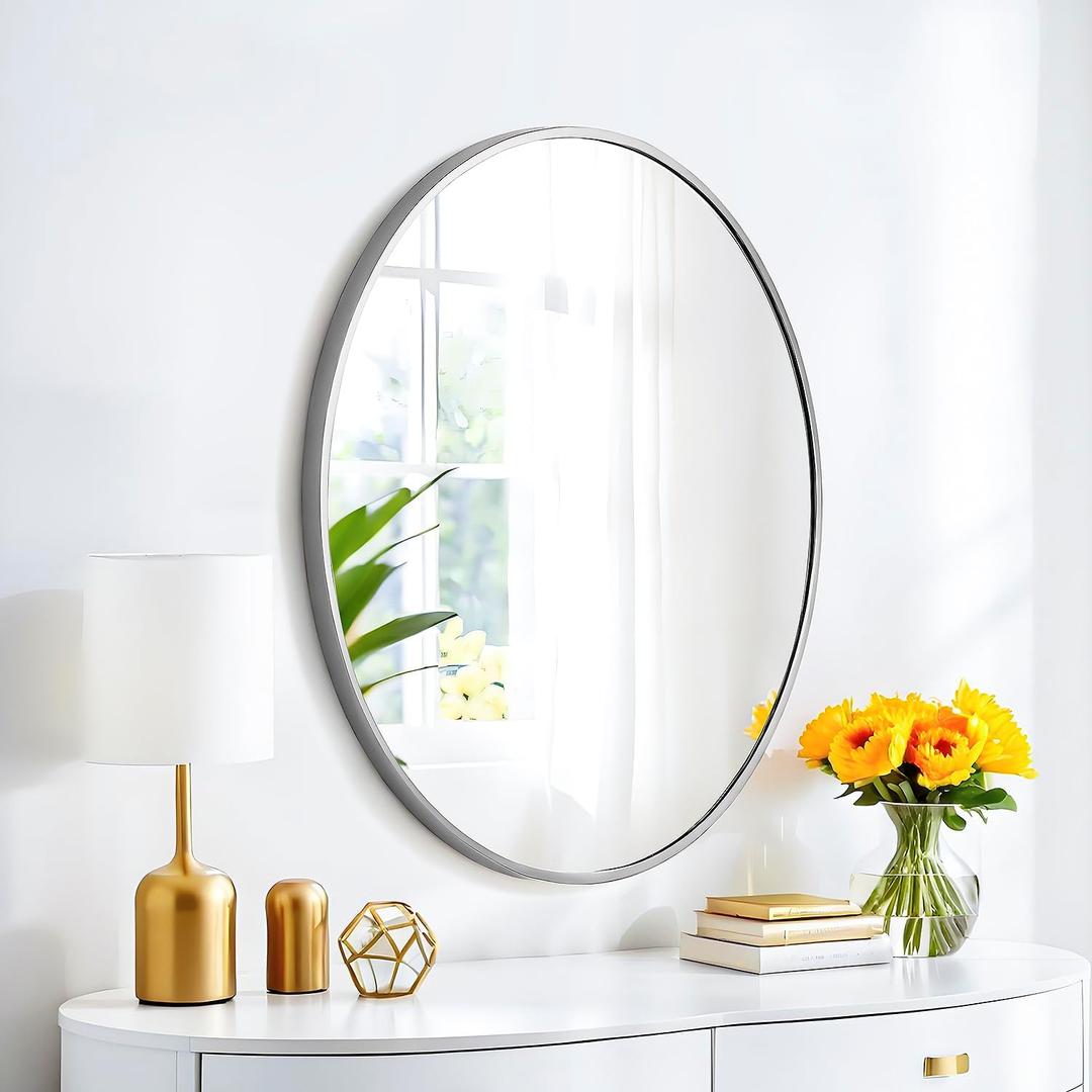 SCWF-GZ 20x30 Oval Mirror Round Full Length Wall Mounted Hanging or Against Wall Metal Aluminum Alloy Frame Dressing Make-up Mirrors for Entryway Bedroom Bathroom Living Room 30 20 inch Silver