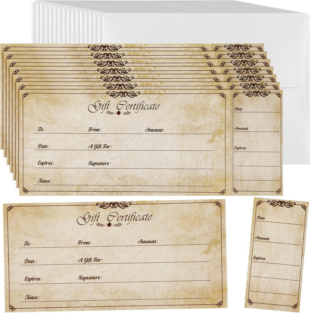 Sinmoe 50 Sets Gift Certificate for Business with 50 Pcs Envelopes Blank Gift Certificate Cards with Name and Address for Wedding Beauty Salon Restaurants Birthday(Retro Style,4.72 x 2.36 Inch)