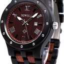 BEWELL Men's Wooden Watches Handmade Date Display Analog Quartz Luminous Wristwatch, (Ebony and Red Sandalwood)