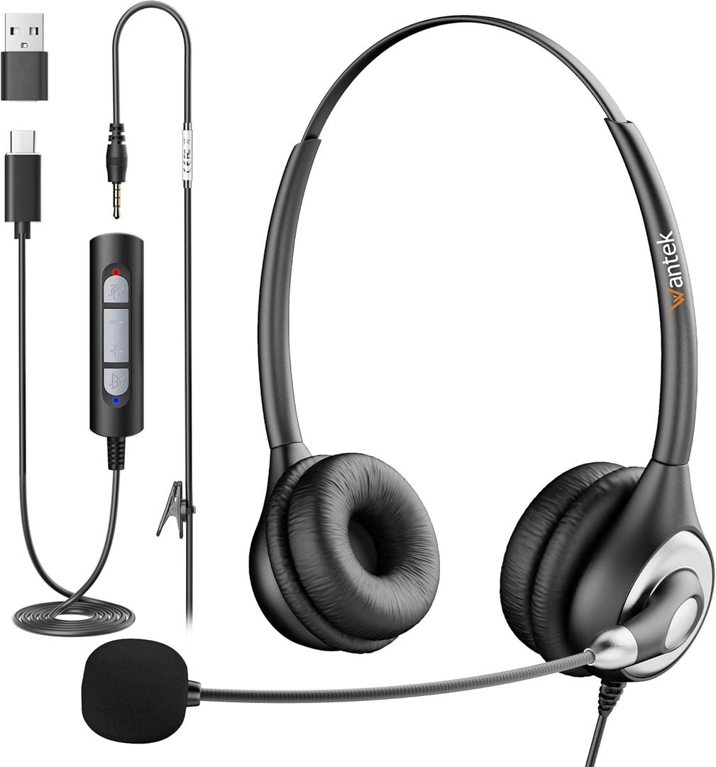 Wantek Headset with Microphone for PC, USB Wired Headphones - USB-C Over-Ear 3.5mm Headsets with Noise-Cancelling Microphone for Laptop - Computer Headphones with Mic in-line Control for Home