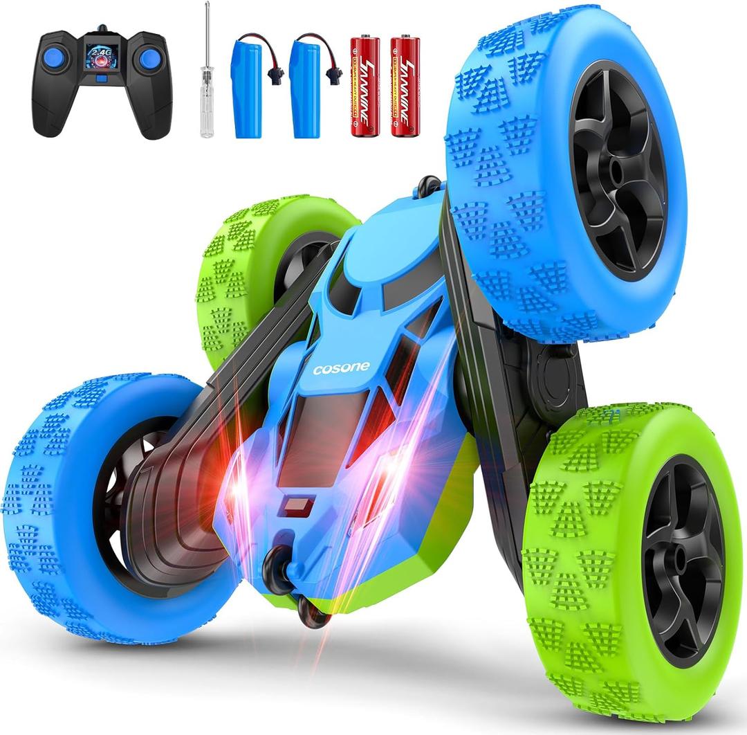 Cosone Remote Control Car Toys for Boys - 4WD 2.4Ghz Double Sided 360 Rotating All Terrain RC Cars with Cool Lights, Kids Birthday for Boys-Blue & Green (Standard)