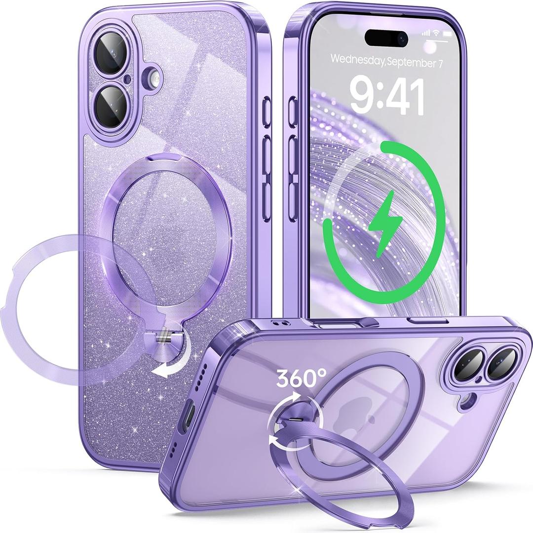 360 Spin CD Stand for iPhone 17 Case Compatible with Magsafe Ring [Never Yellow][DIY Glitter Cardstock] Camera Protection Plating Clear Cute Phone Case for Women Girls 6.3'', Lavender Purple